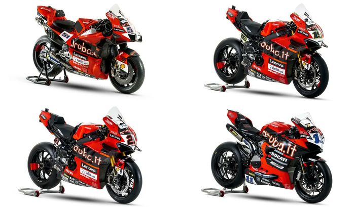 Motor Ducati yang dibalut livery Aruba.it. Dari atas kiri: Desmosedici GP22 di MotoGP, kemudian dua Panigale V4 R di WorldSBK dan Panigale V2 di WorldSBK kelas Supersport