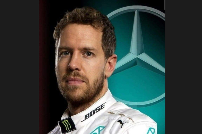 Rekayasa visual Sebastian Vettel memakai seragam balap tim Mercedes