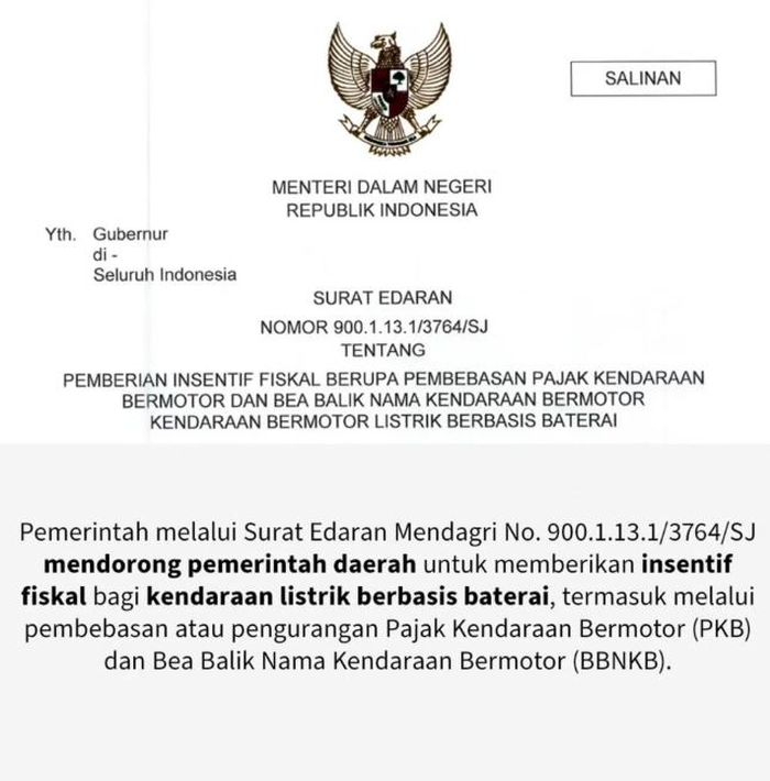 Surat Edaran pembatalan pajak mobil listrik yang diterbitkan Menteri Dalam Negeri, Tito Karnavian