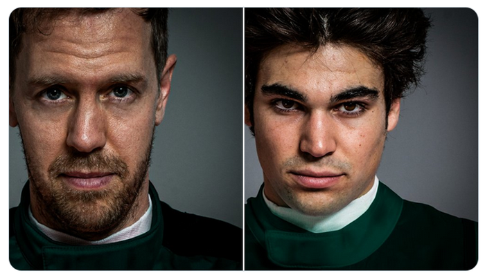 Teaser Sebastian Vettel dan Lance Stroll dengan baju balap warna hijau tim Aston Martin