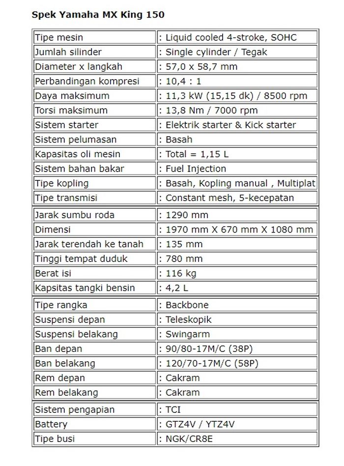 Tabel spesifikasi Yamaha MX King 150