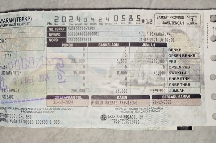 Kolom opsen PKB dan BBNKB sudah bertambah di kolom pajak STNK kendaraan bermotor