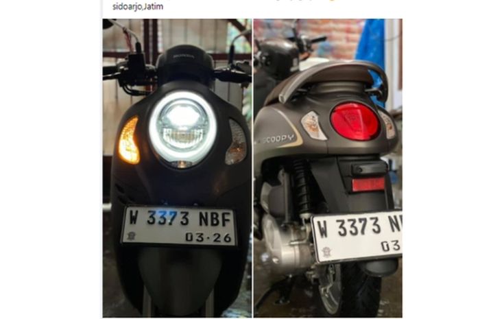 Tangkapan layar unggahan sepeda motor dengan pelat nomor putih tulisan hitam yang ramai di media sosial.