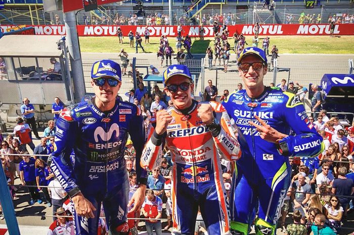 Maveric Vinales, Marc Marquez, dan Alex Rins di podium MotoGP Belanda 2018