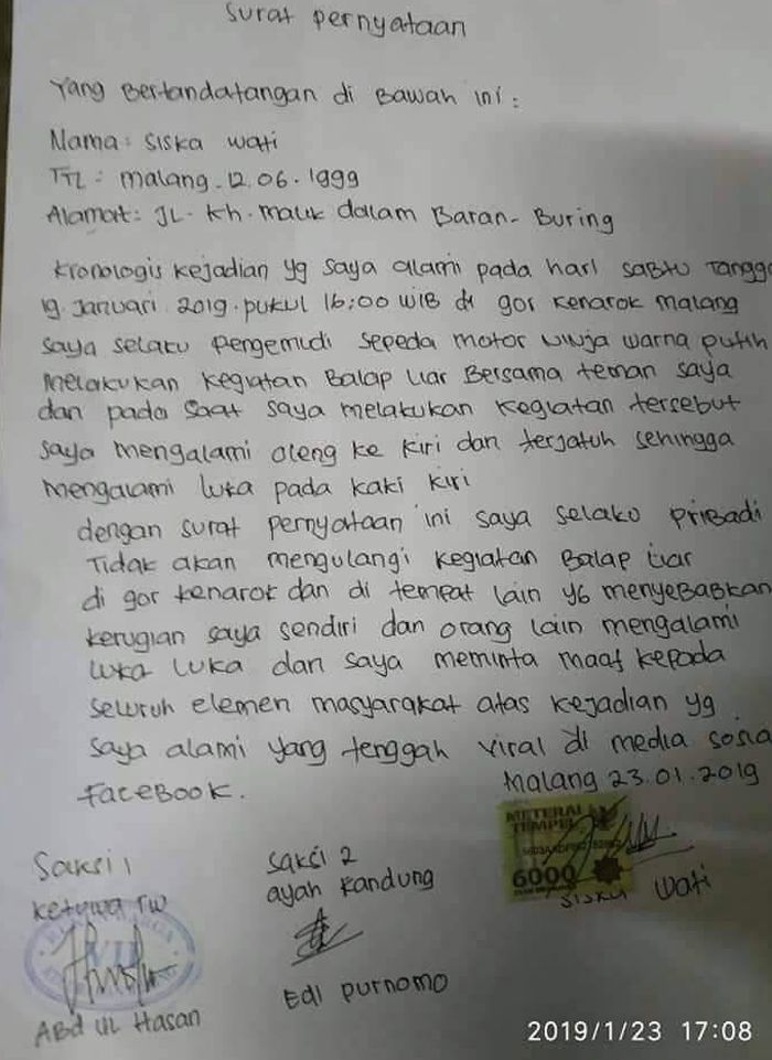 Surat Pernyataan pelaku balap liar di Gor Ken Arok, Malang