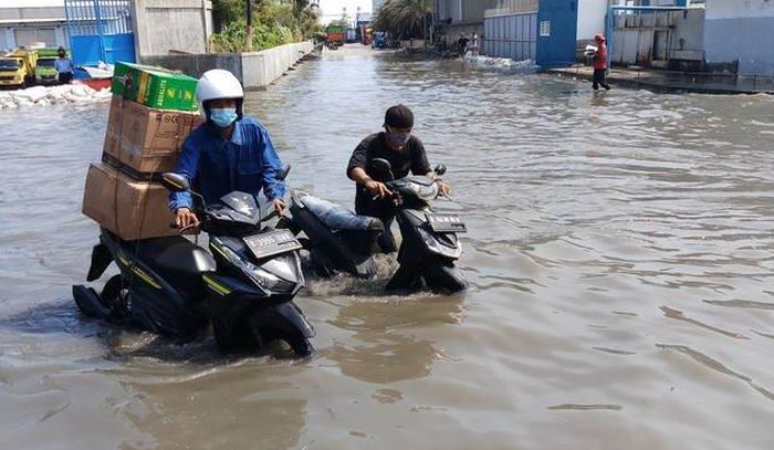 Honda Vario 125 dan Yamaha Mio nekat menerjang banjir rob di kawasan Pelabuhan Nizam Zachman, Muara Baru, Jakarta Utara