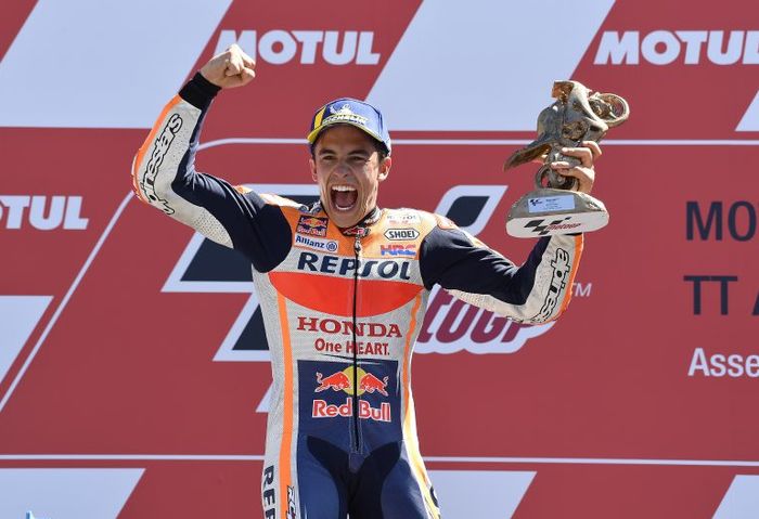 Marc Marquez saat merayakan kemenangan MotoGP Belanda tahun 2018