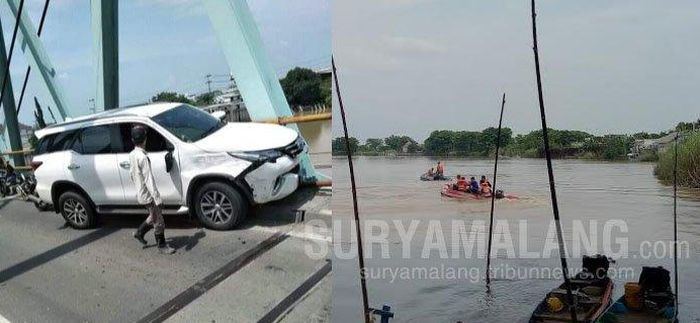 Toyota Fortuner terlibat kecelakaan di atas sungai Bengawan Solo