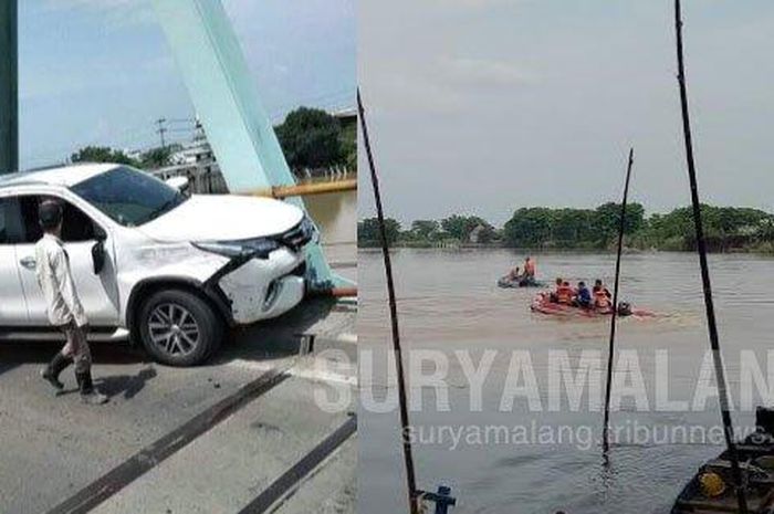 Toyota Fortuner terlibat kecelakaan di atas sungai Bengawan Solo