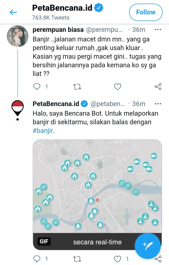 Bikers bisa melaporkan keadaan banjir dengan mention Twitter @petabencana.id
