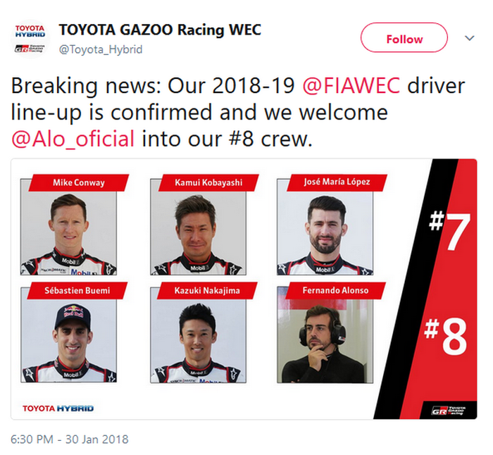 Toyota Gazoo Racing memasukkan nama Fernando Alonso dalam skuatnya untuk kejuaraan dunia balap ketahanan 2018