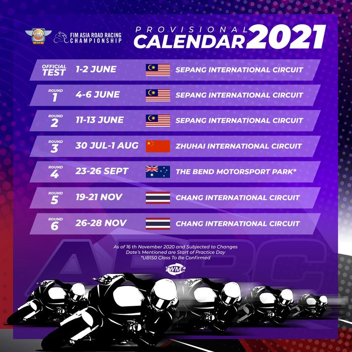 Jadwal sementara Asia Road Racing Championship (ARRC) 2021