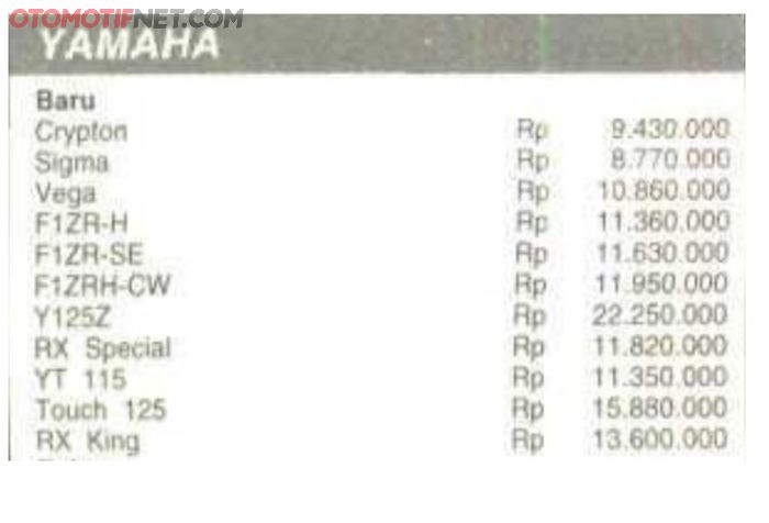 Brosur harga motor Yamaha tahun 2000