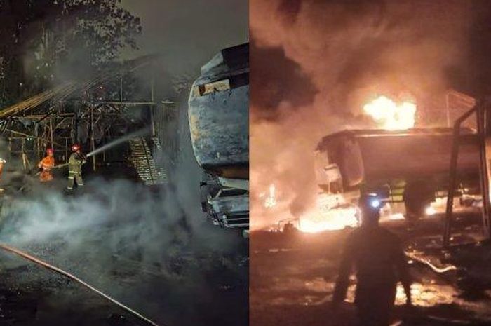 Dua mobil tangki BBM ilegal dan satu rumah ludes diserbu api. 