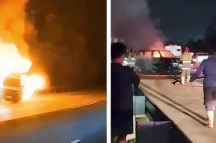 Jetour T2 terbakar hebat di KM 31 tol Jagorawi, wilayah Citeureup, kabupaten Bogor, Jawa Barat usai ditabrak dari belakang oleh BMW putih