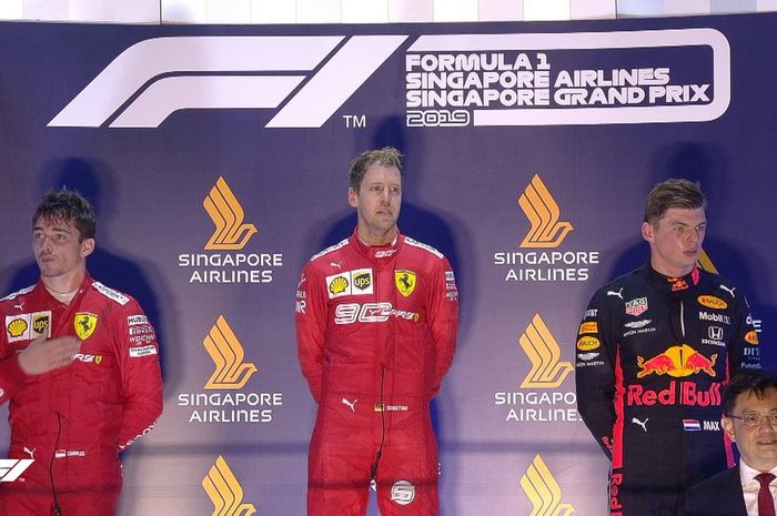 Sebastian Vettel di podium tertinggi F1 Singapura 2019, didampingi Charles Leclerc dan Max Verstappen