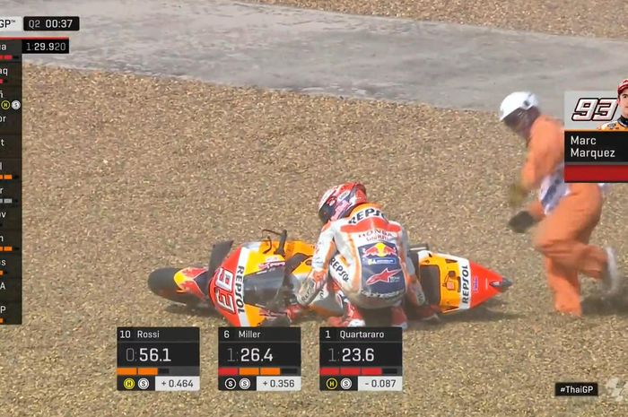 Jatuh saat kualfiikasi di sirkuit Chang, Buriram, Marc Marquez gagal mencetak pole position MotoGP Thailand