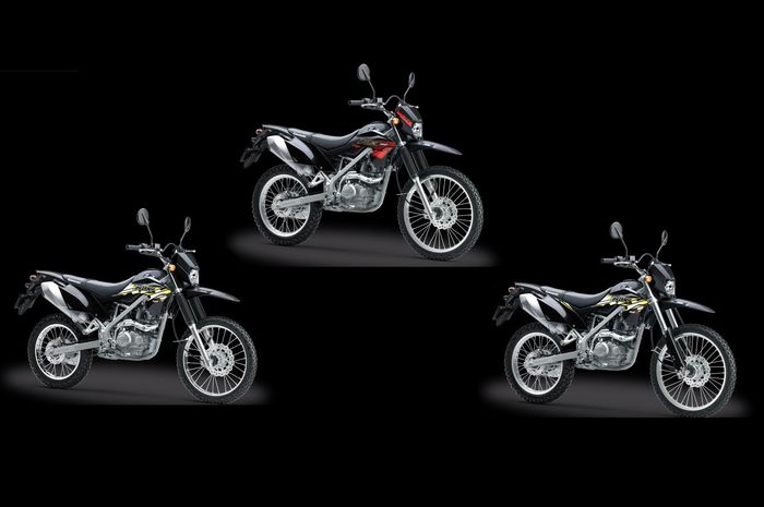 KLX 150L (tengah) punya ukuran pelek dan ban seperti KLX 150BF (kanan) hanya minus upside down, sokbrekernya pakai konvensional mirip KLX 150 (kiri)