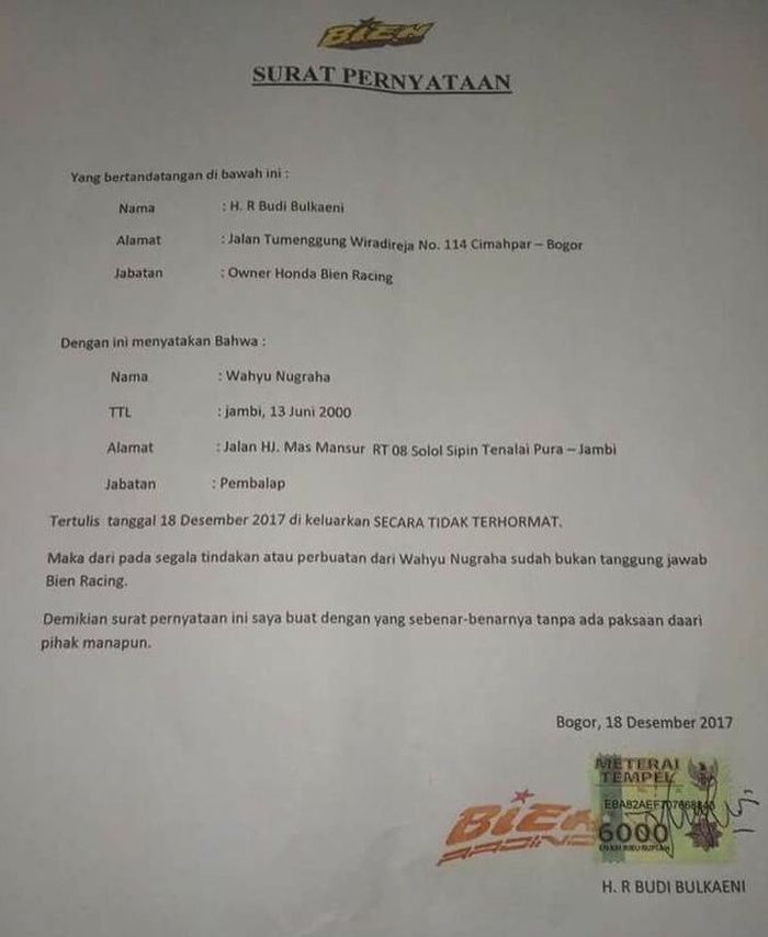 Surat pemecatan kepada WH dari Bien Racing