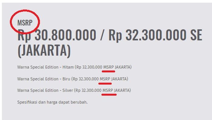 Contoh harga MSRP di website resmi Kawasaki Indonesia