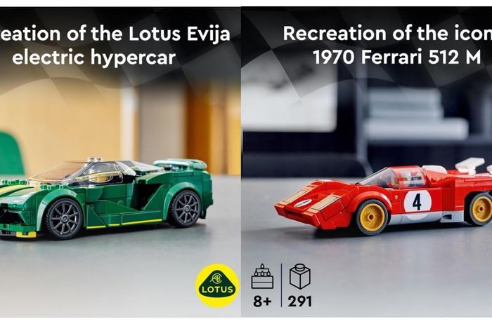 LEGO Lotus Elvija (kiri) dan 1970 Ferrari 512M (kanan)