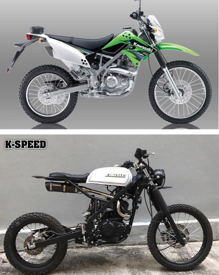 Rumah modifikasi K-Speed Thailand menampilkan transformasi before dan after Kawasaki KLX150 berubah jadi cafe racer