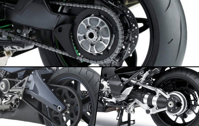 Ilustrasi chain drive, belt drive, dan shaft drive.