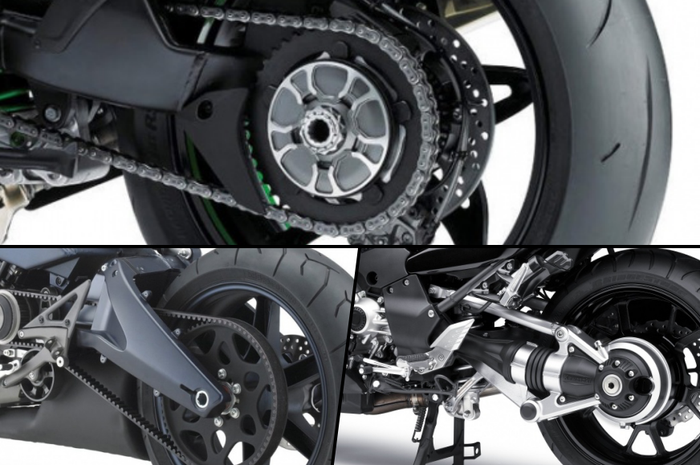 Ilustrasi Chain Drive, Belt Drive, dan Shaft Drive.