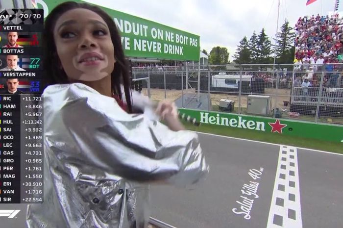 Winnie Harlow mengibarkan bendera finish di GP F1 Kanada lebih awal