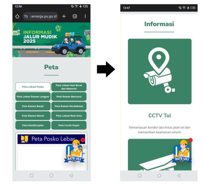 Tampilan setelah ketuk menu Pelayanan Informasi Jalur Mudik 2025, scroll ke bawah ada menu CCTV