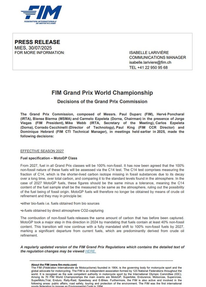 Regulasi bahan bakar yang dirilis FIM