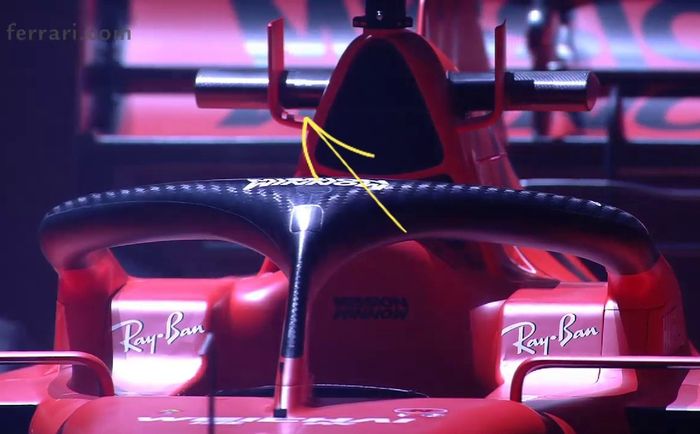 Tanduk di penutup mesin mobil Ferrari SF1000 untuk musim balap F1 2020