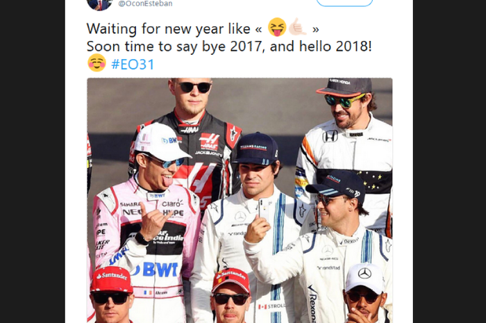 Inilah postingan pembalap tim Force India, Esteban Ocon (paling kiri di barisan tengah) untuk menyambut tahun 2018