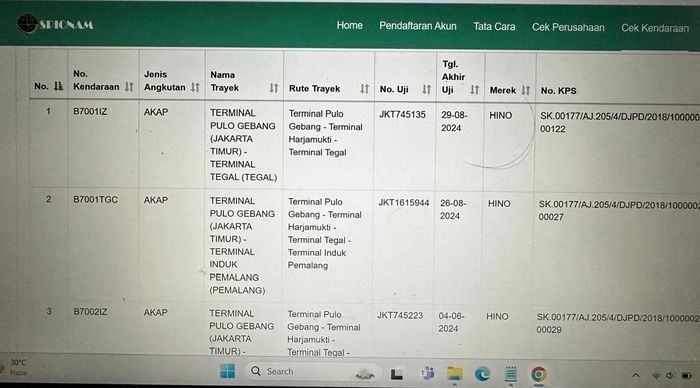 Pengecekan validitas bus di SPIONAM Kemenhub
