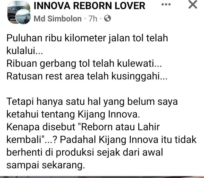 Unggahan seorang pengguna Facebook yang mengaku bingung dengan nama Kijang Innova Reborn.