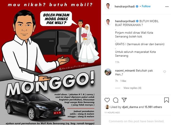 Wali Kota Semarang Pinjamkan Mobil Dinas Khusus Untuk yang Mau Nikah