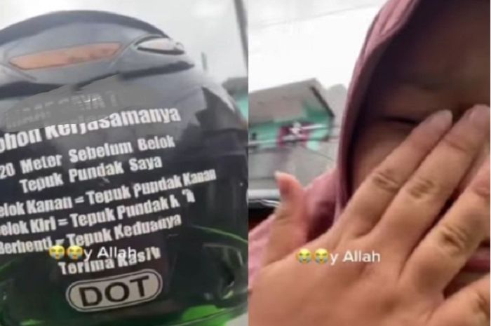 Penumpang wanita terharu membaca tulisan di helm driver ojol, sampai menitikan air mata.