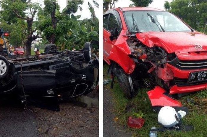Toyota Avanza hitam dan Daihatsu Ayla merah yang terlibat laka lantas di Kecelakaan karambol terjadi di Jalan Raya Sukoharjo-Wonogiri