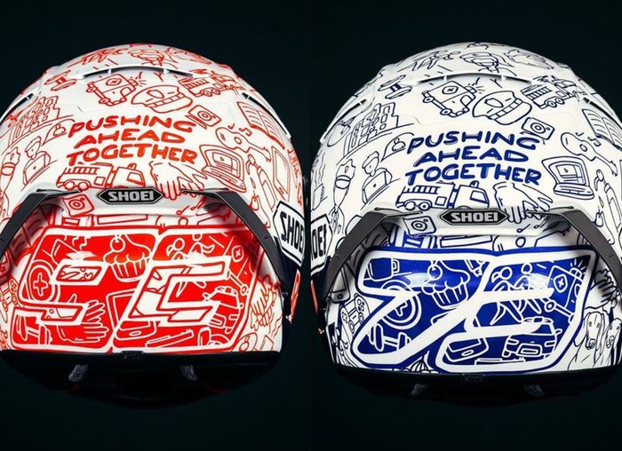 Helm Marc Marquez dan Alex Marquez dihiasi dengan tulisan 'Pushing Ahead Together' yang berarti terus melaju bersama-sama