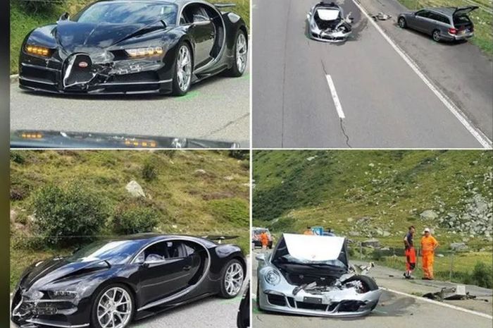 Insiden kecelakaan dua mobil sultan, Porsche 911 Cabriolet dan Bugatti Chiron di Gotthard Pass, Swiss.