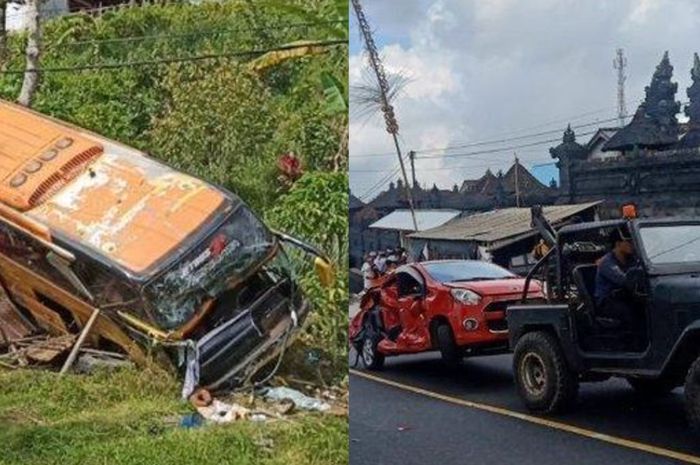 Bus pembawa rombongan wisata siswa SMP di Surabaya menabrak 10 kendaraan di Tabanan, Bali. Begini kronologinya.