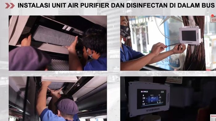 Ilustrasi instalasi air purifier dan disinfectan di dalam bis