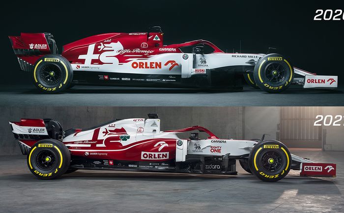 Bisa dibilang, mobil yang baru saja diperkenalkan tim Alfa Romeo Racing ini sekilas posisi warna merah dan putihnya cuma dibalik