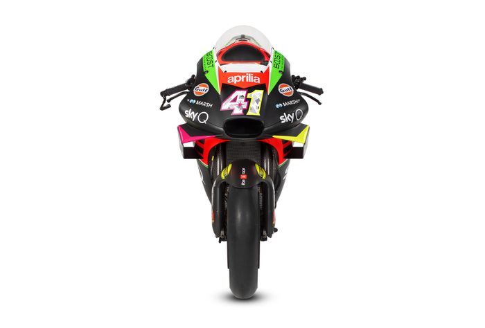 Motor baru Aprilia, RS-GP 2019, didominasi warna Hitam, dengan sedikit sentuhan Merah, Hijau, dan Kuning