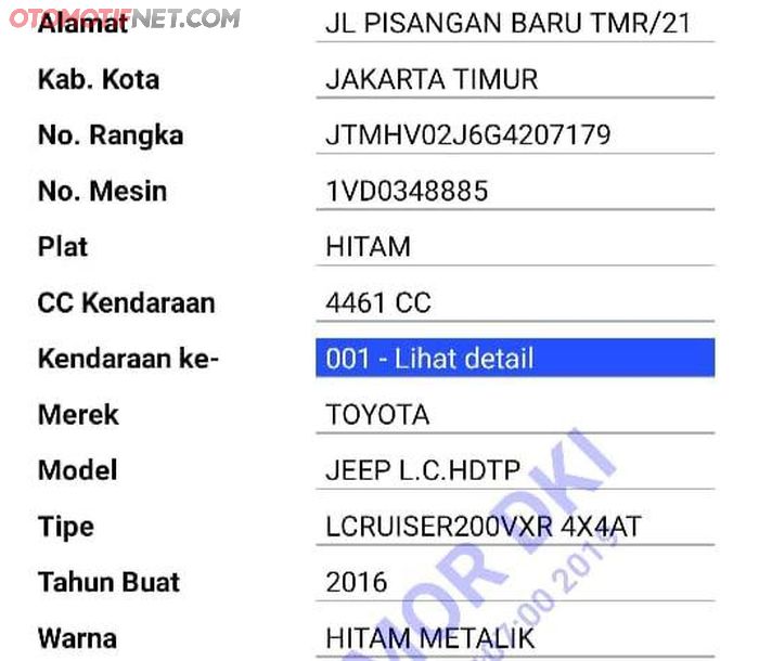 Data mobil Land Cruiser yang diduga menunggak pajak