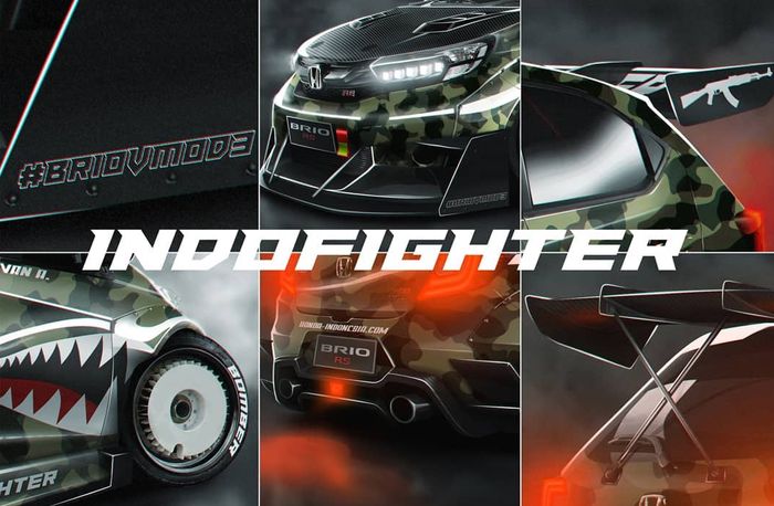 Modifikasi digital Honda Brio bercorak kamuflase gaya time attack