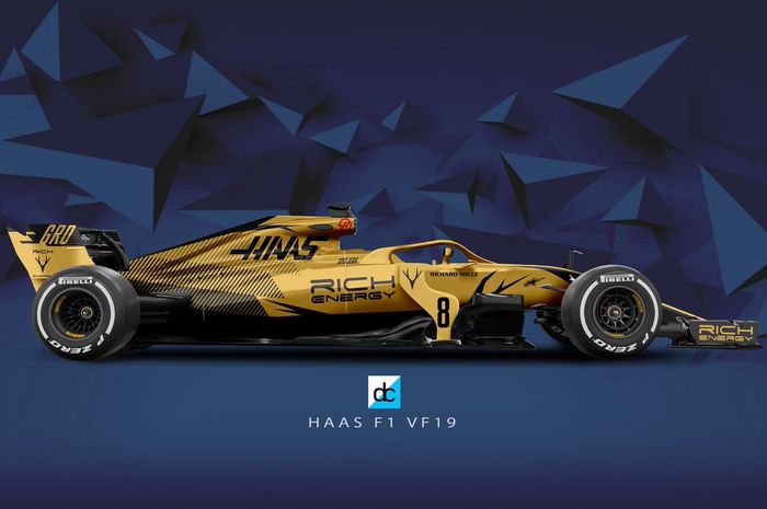 Livery mobil F1 2019 tim Haas hasil rekaan yang berwarna emas