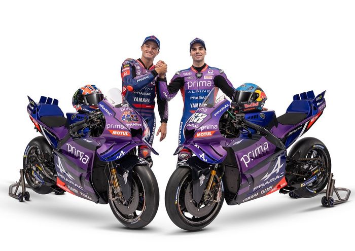 Livery M1 tim Prima Pramac Yamaha pada MotoGP 2025 dengan dua pembalap mereka, Jack Miller (kiri) dan Miguel Oliveira, diluncurkan pada Jumat (31/1/2025).