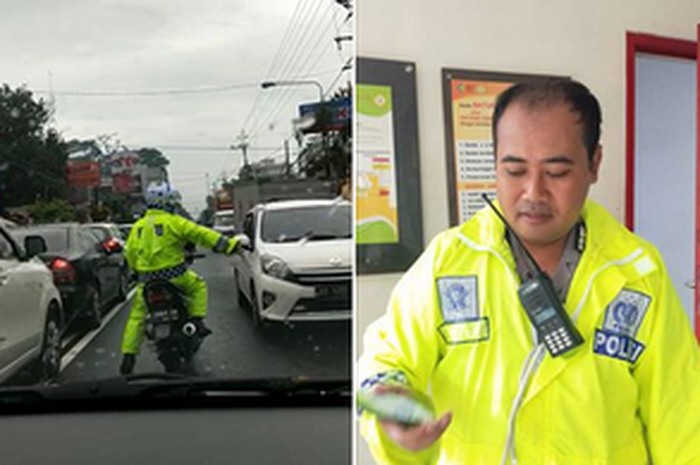 Anggota Polisi, Aipda Ari Setiya Wibawa membuka jalan buat taksi online yang membawa korban kecelakaan