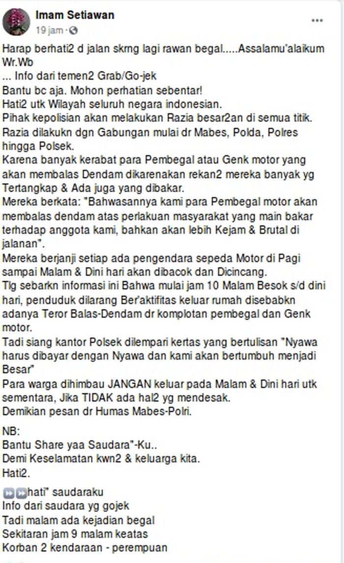 Status FB soal adanya aksi balas dendam